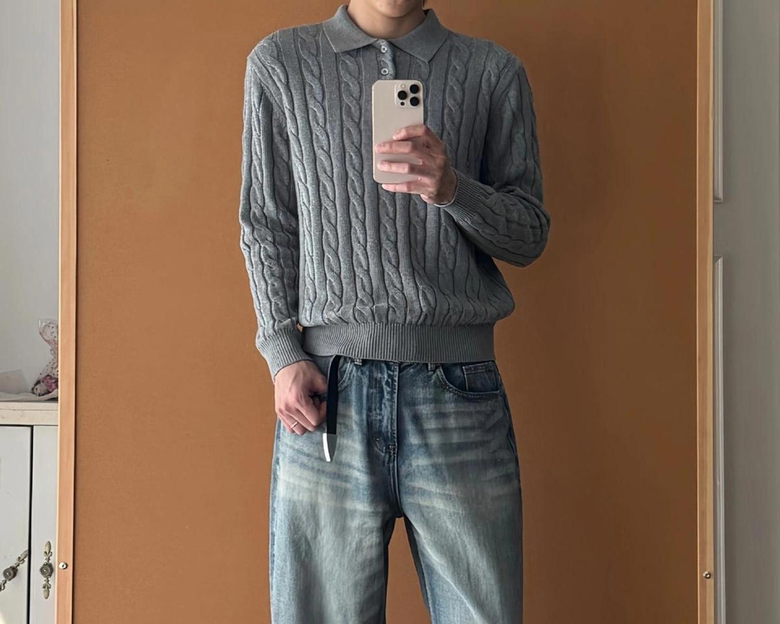 Vintage Cable Knit Polo Sweater for Men, Classic Fit Sweater Size US L / EU 52-54 / 3 - 4 Thumbnail