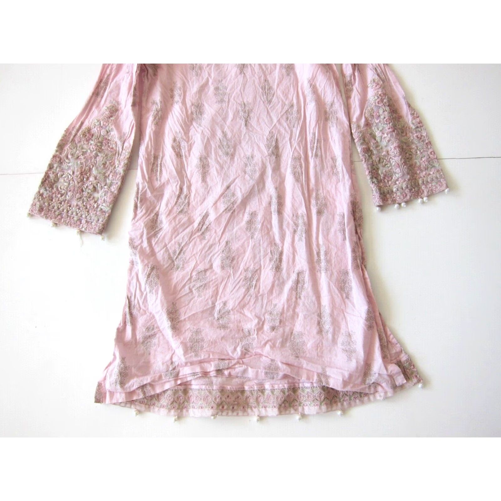 Vintage Maria B. Cotton Pink Green Embroidered Beaded Floral Long Sleeve Kurta Dress S Size S / US 4 / IT 40 - 6 Thumbnail