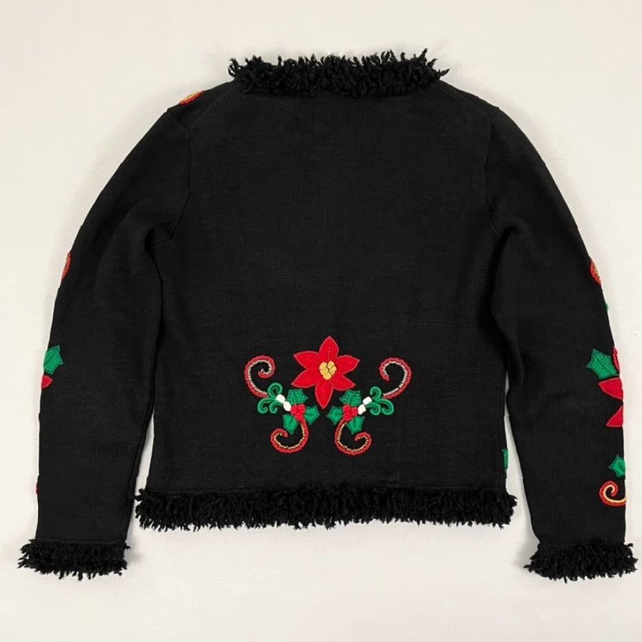 Simons Michael Simon Christmas Cardigan Women M Black Floral Poinsettia Embroidered 90s Size M / US 6-8 / IT 42-44 - 7 Thumbnail