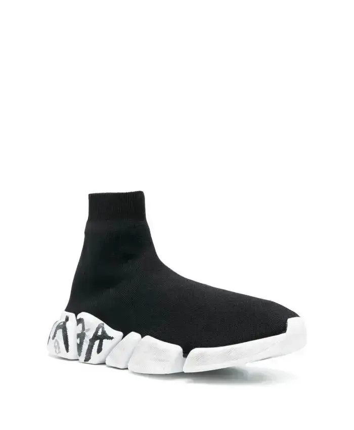 Balenciaga o1s1wg110226 Speed 2.0 Graffiti Recycled Knit Sneakers Black Size US 12 / EU 45 - 2 Thumbnail