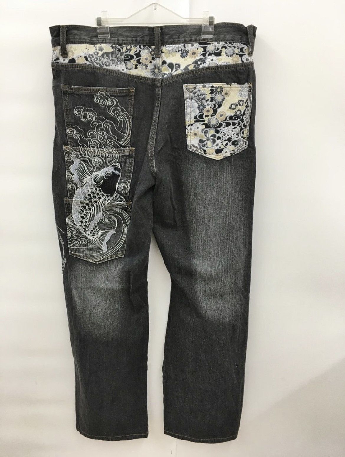 image of Wagara Carp Embroidered Jeans Denim in Black, Men's (Size 34)