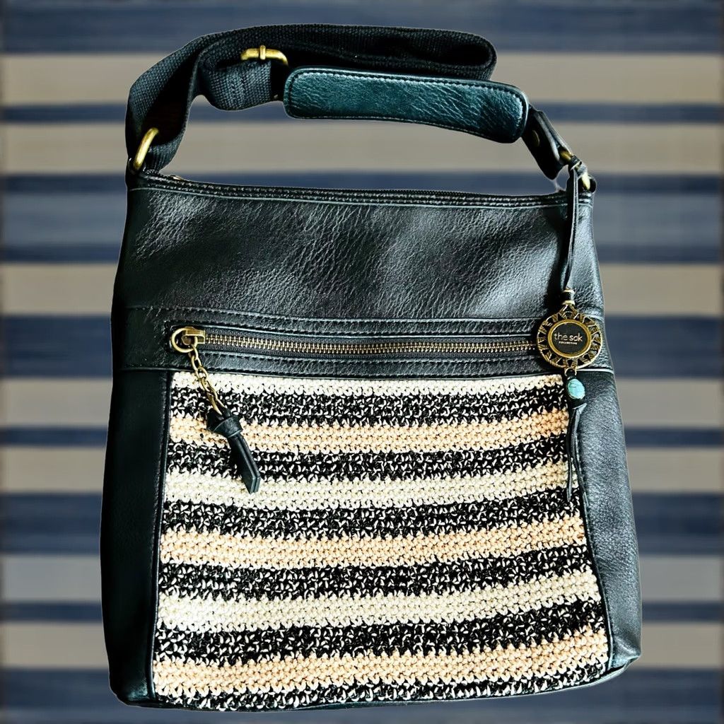 The Sak VINTAGE The Sak Black Faux Leather Hobo Bag Shoulder Purse Crochet Trim Boho Women’s Size ONE SIZE - 1 Thumbnail