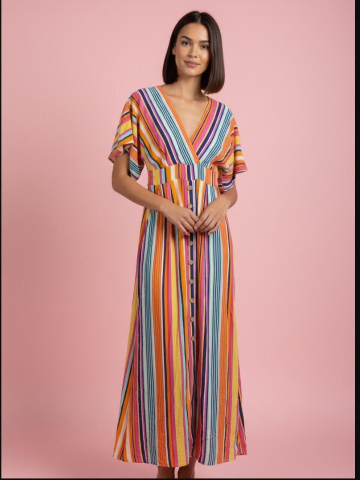 Harder Harper Multicolor Striped V-Neck Button Maxi Dress Size S / US 4 / IT 40 - 2 Thumbnail