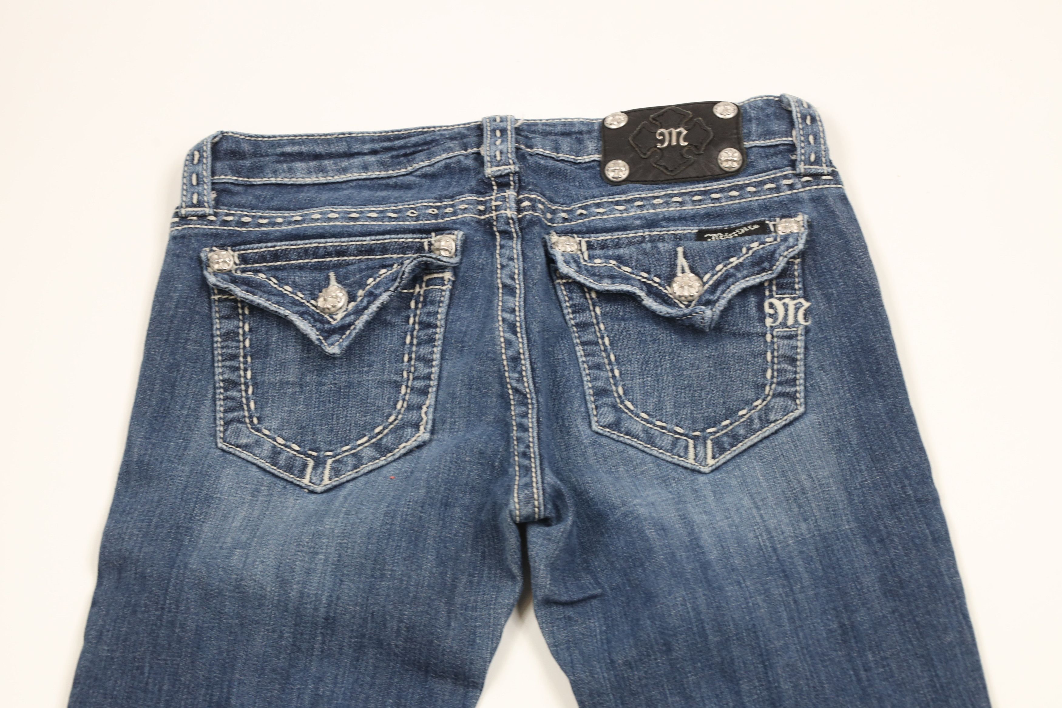 Miss Me × Vintage Miss Me Stitch Fleur de Lis Flared Bootcut Denim Jeans Blue Size 29" - 11 Thumbnail