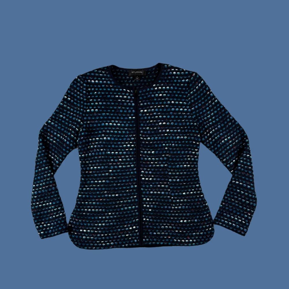 St. John St. John Textured Knit Zip Front Jacket Sweater Size 6 Made USA Women Crewneck Full Zip Blue Knit Fall Winter Spring Regular Shirt/Hoodie? Size M / US 6-8 / IT 42-44 - 1 Thumbnail