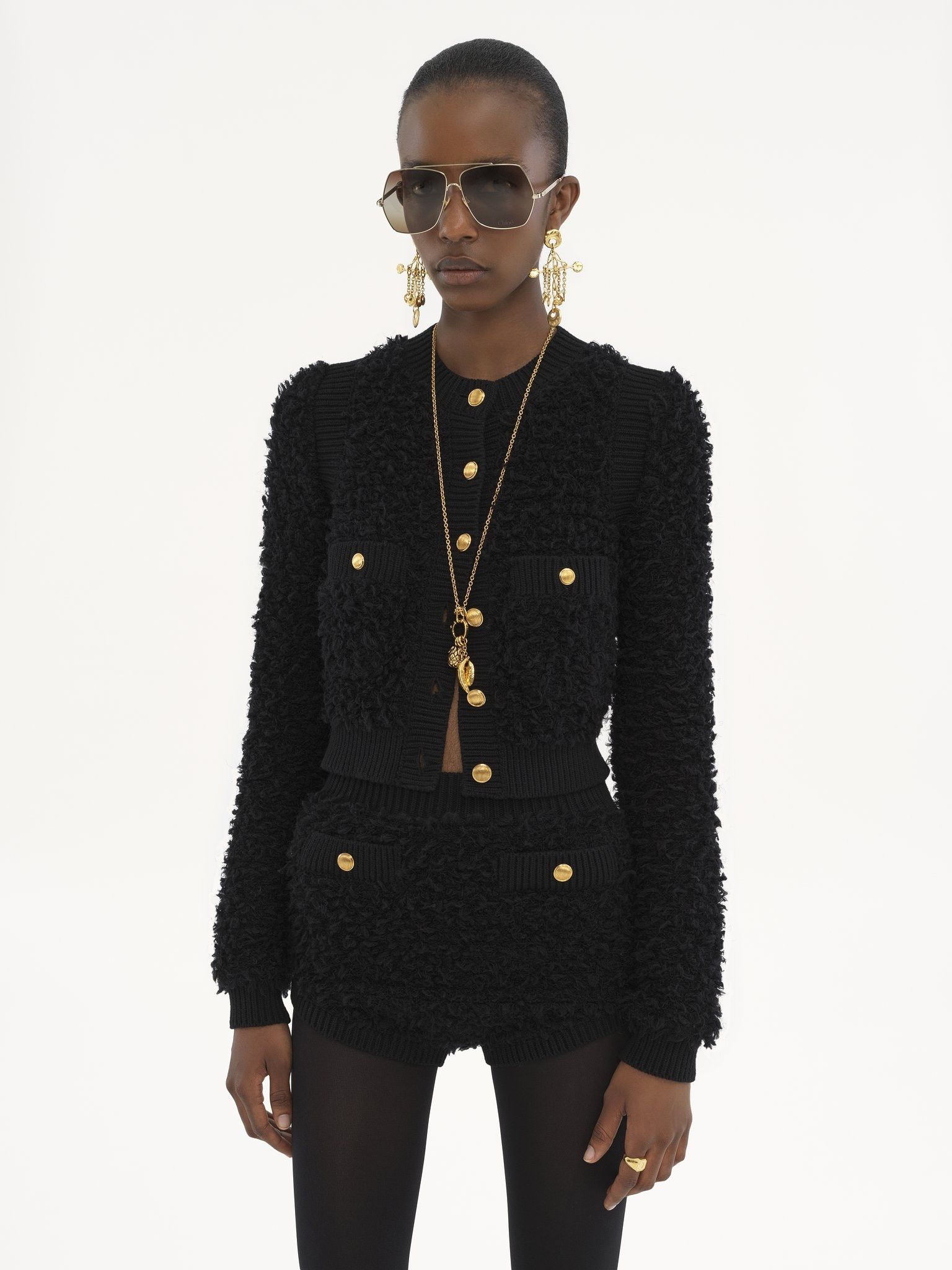Chloe o1loc1c11125 Tweed Knit Cardigan in Black Size M / US 6-8 / IT 42-44 - 3 Thumbnail