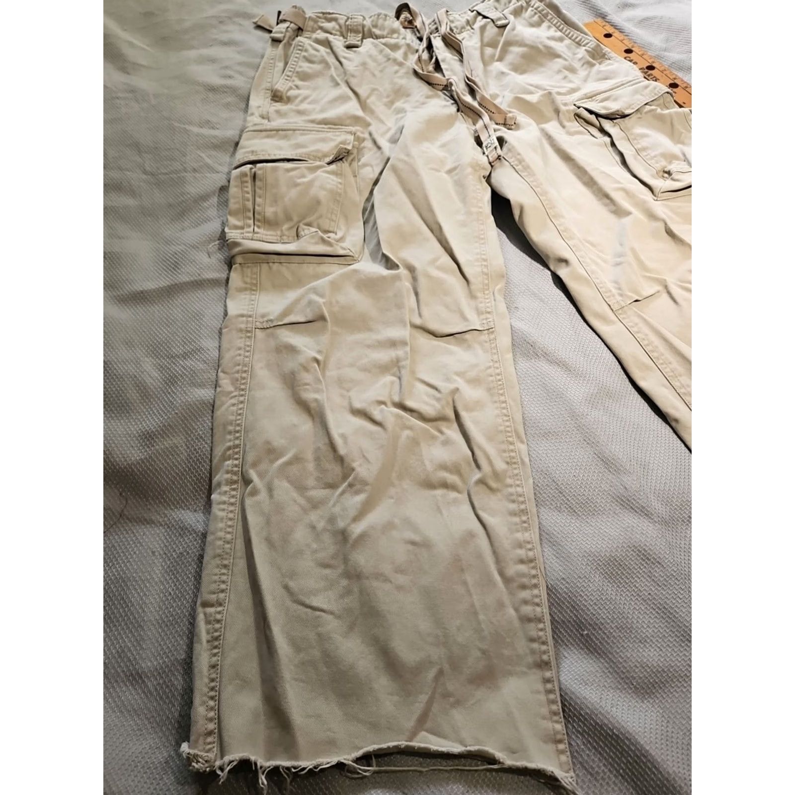 Denime VINTAGE Trailer Jeans Mens 34x32 Beige Pants Khaki Heavyweight Cargo Denim Distressed Hem Jeans Regular 5-Pocket Belt Loops Logo Zipper Mens Size US 34 / EU 50 - 5 Thumbnail