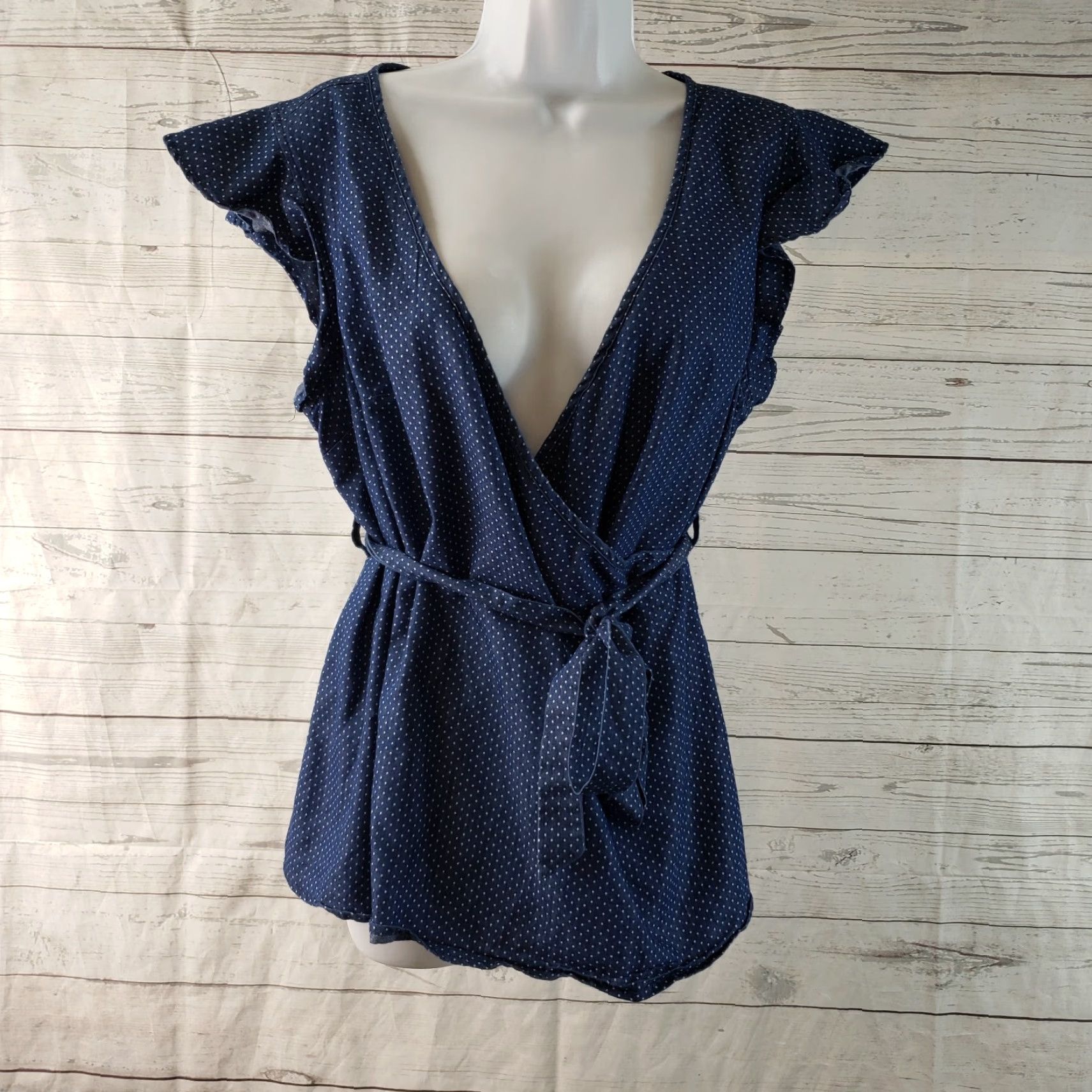 Vintage ModCloth Womens Top Blouse Polka Dot Blue Cap Sleeve Belted V-Neck Large Size L Womens Size L / US 10 / IT 46 - 2 Thumbnail