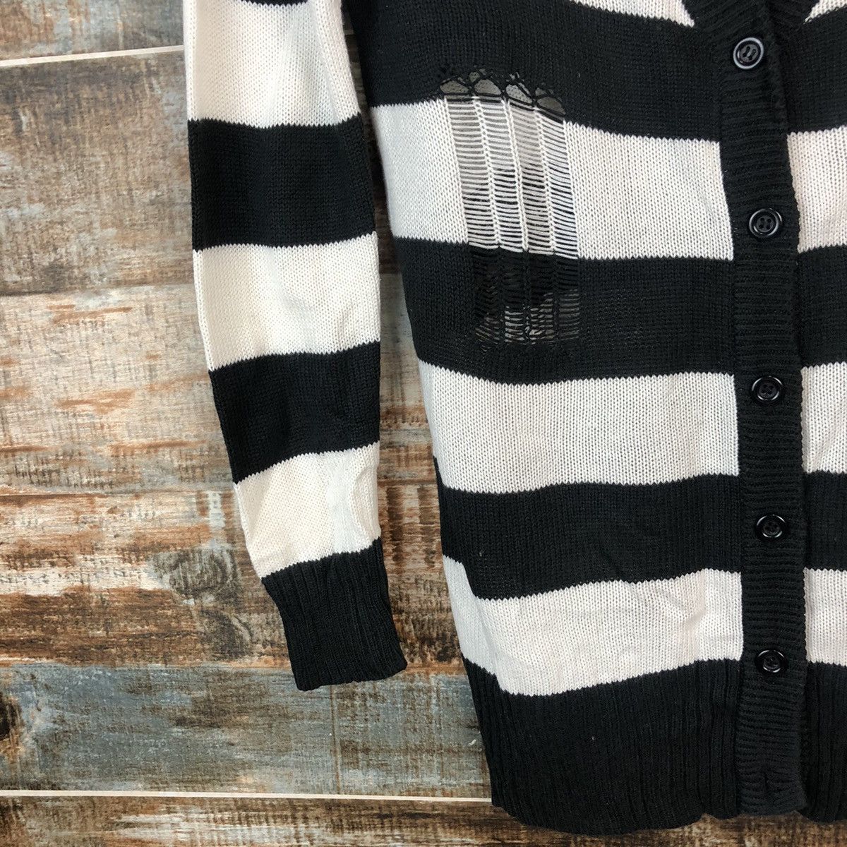 Japanese Brand × Solid and Striped Colza Stripe Black prison ripped Cardigan Knitwear #A2042 Size M / US 6-8 / IT 42-44 - 7 Thumbnail