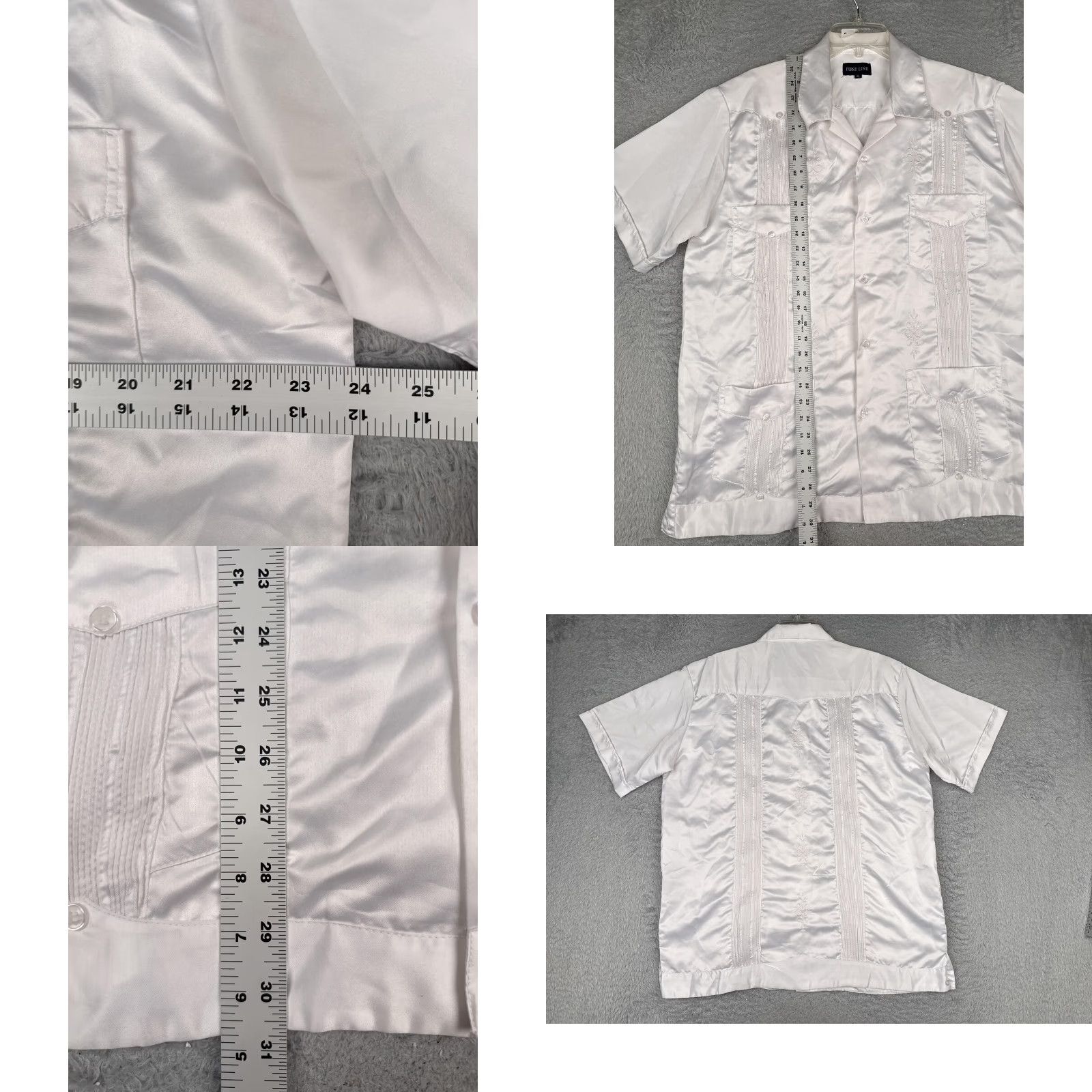 Vintage First Line Shirt Mens XL White Satin Guayabera Wedding Short Sleeve Button Up Size US XL / EU 56 / 4 - 8 Thumbnail