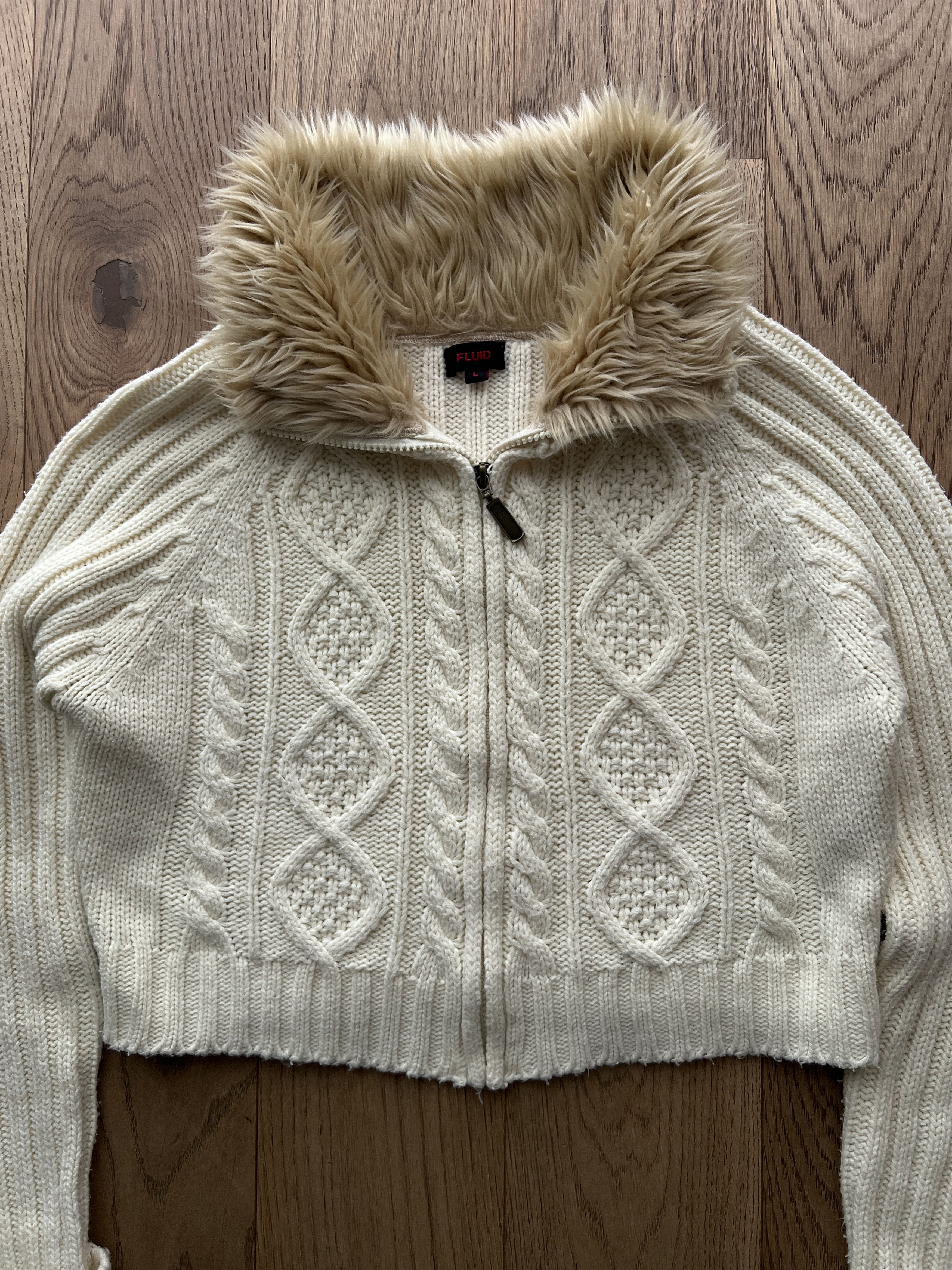 Hysteric Glamour Vintage 2000s cable knit cropped sweater faux fur collar y2k Size L / US 10 / IT 46 - 4 Thumbnail