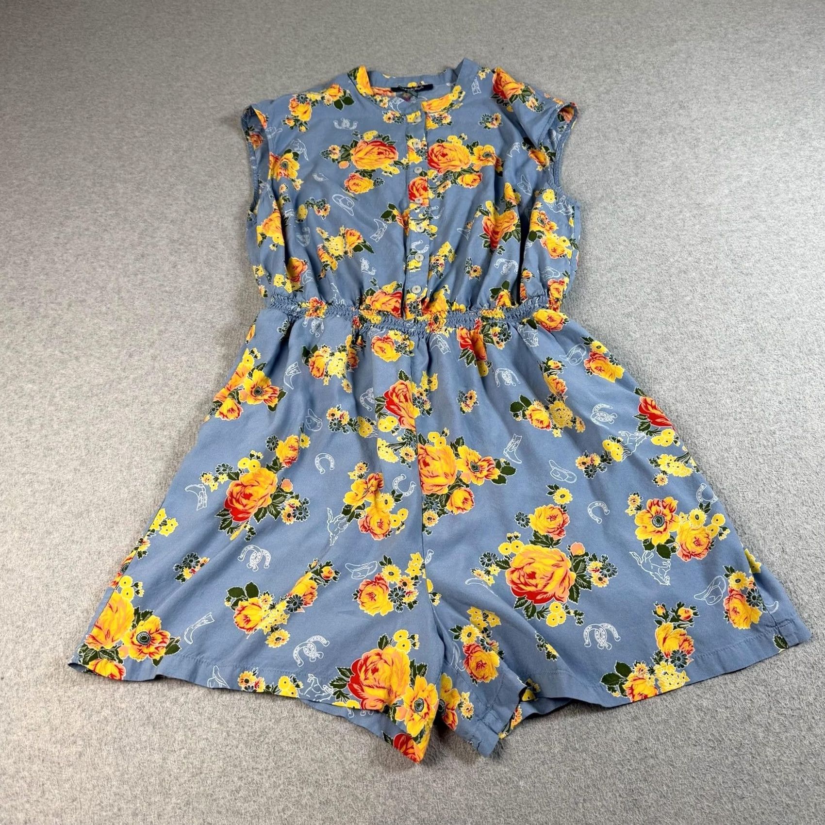 Vintage ModCloth Romper Womens 1X Blue Floral Western Button Front Sleeveless Boho Comfy Size 40" / US 18 - 2 Thumbnail