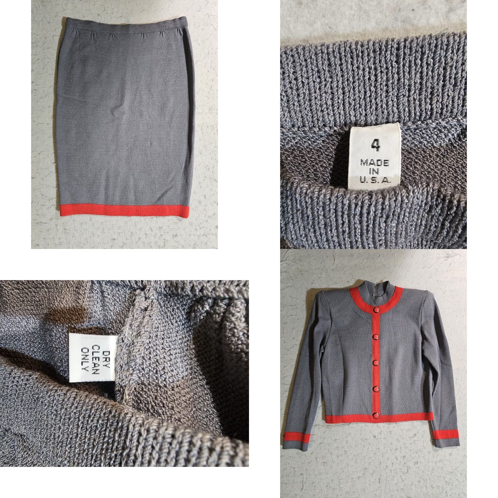 St. John VINTAGE St John Collection by Marie Gray Knitted Grey & Orange Trimmed Suit Sz 4 Top & Bottom Set / 2 Piece / Wool Blend / Regular Fit / Women Size S / US 4 / IT 40 - 8 Thumbnail