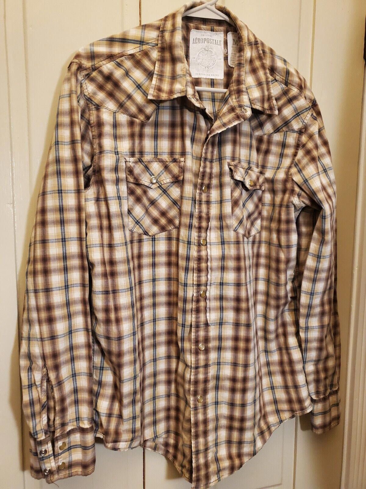 Aeropostale Men's Aeropostale Western Tan/white Plaid Pearl Snap LS M Size US M / EU 48-50 / 2 - 1 Thumbnail