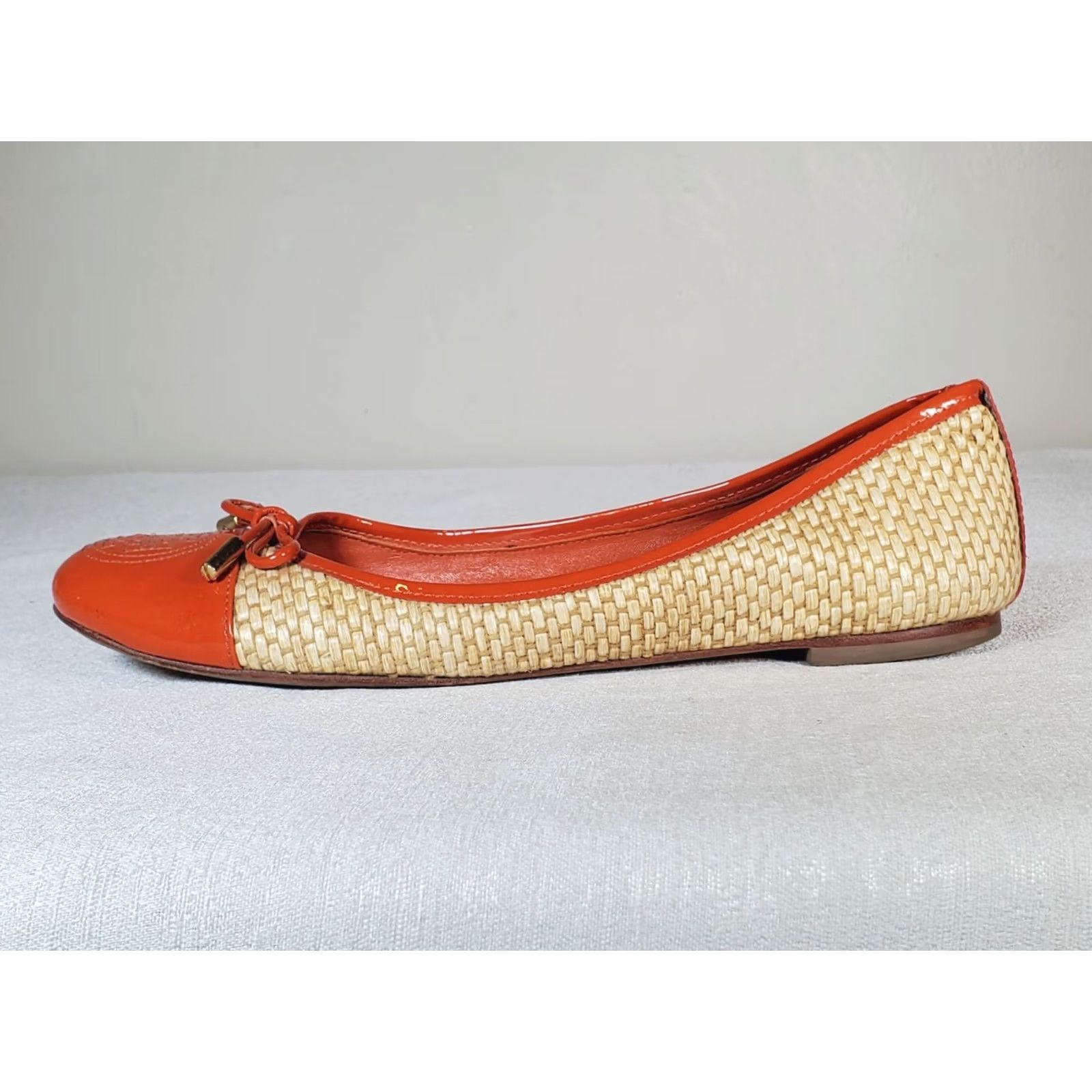 Tory Burch Tory Burch Catherine Cap Toe Raffia Patent Ballet Flats Orange Bow Women's US 8 Ballet Flat M Size ONE SIZE - 4 Thumbnail