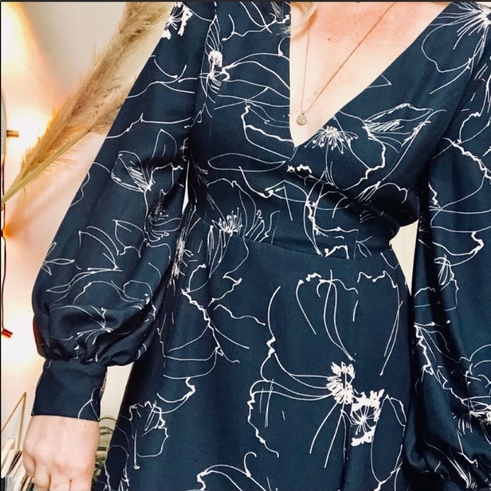 Nordstrom KEEPSAKE Navy Blue Cream Printed Long Open Back Mini Dress L Size L / US 10 / IT 46 - 5 Thumbnail