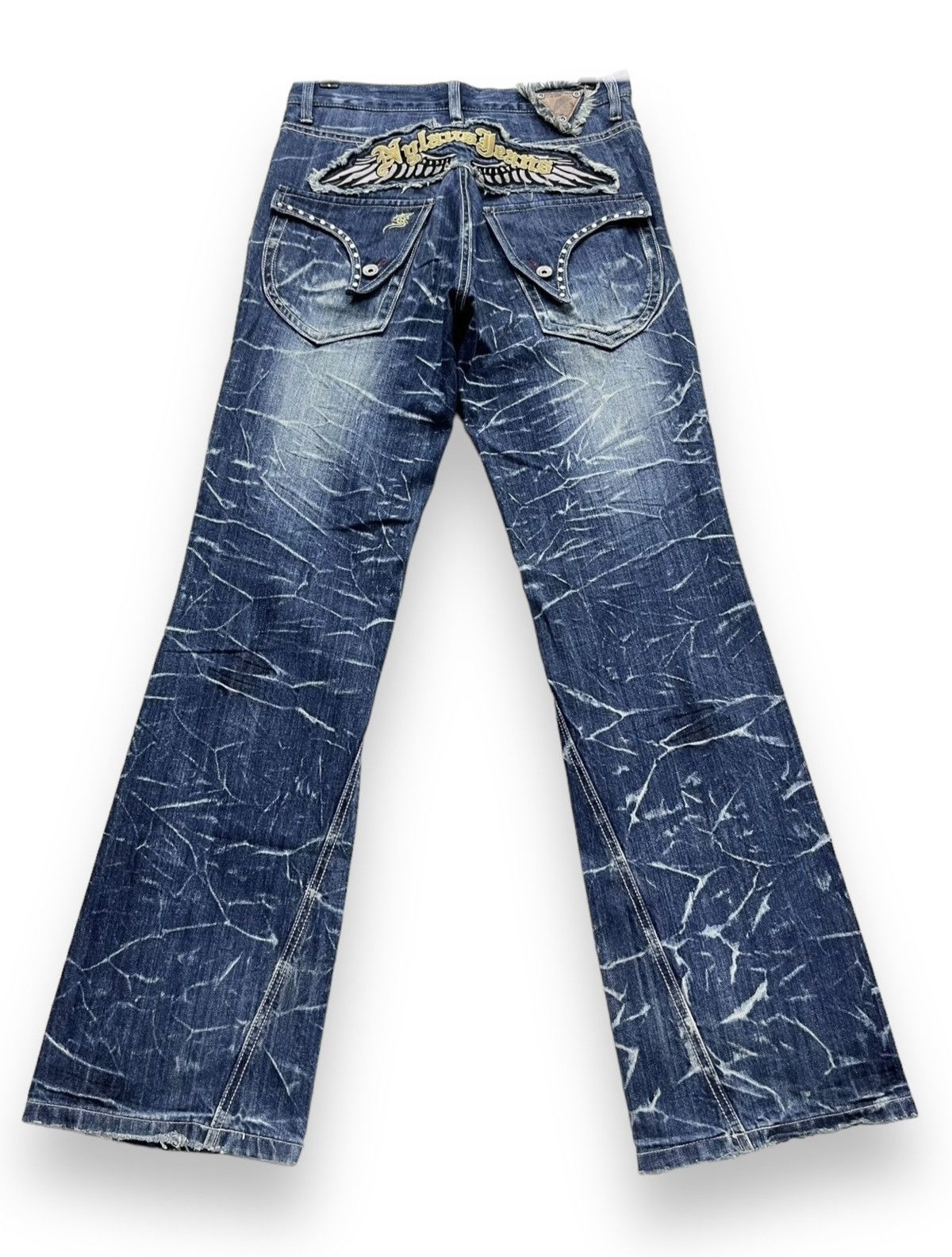 Japanese Brand 🔥Vtg NYLAUS Punk Long Flap Studded Embroidery Winged Flare Size US 31 - 3 Thumbnail