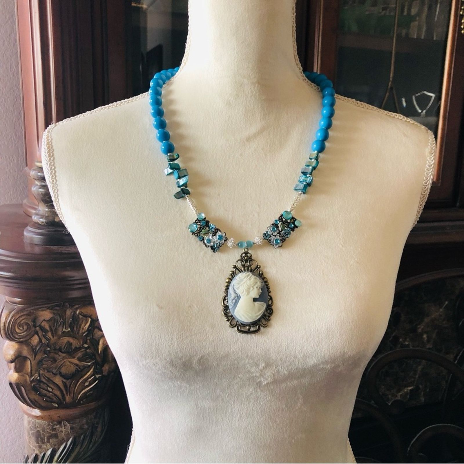 Handmade Handcrafted lady in blue mixed bead filigree cameo necklac Size ONE SIZE - 5 Thumbnail