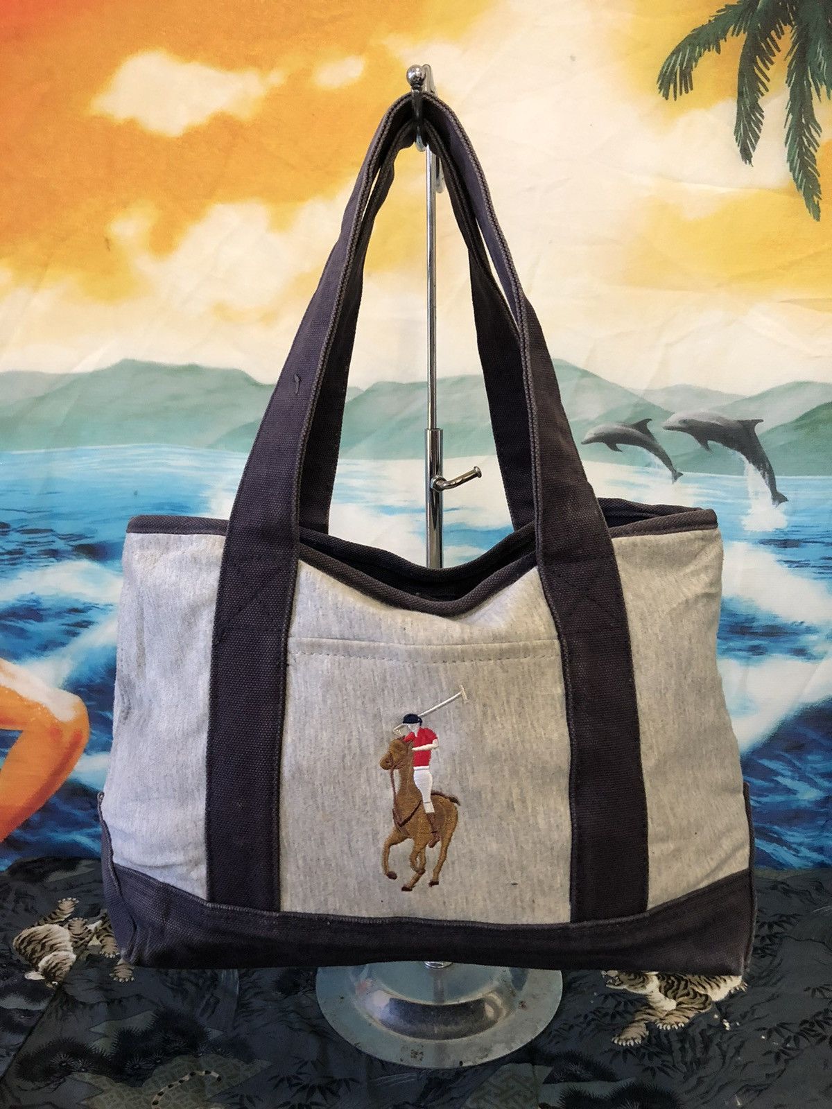 【Polo Ralph Lauren】Canvas Shopper Tote Polo Ralph Lauren Light Blue Big Pony Zip Cotton Canvas Tote