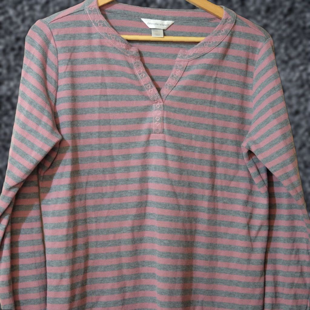 Vintage Christopher & Banks Thermal Shirt Women's L Mauve/Grey Stripe Knit Pullover Long Sleeve Split V-Neck Made in China Size L / US 10 / IT 46 - 1 Thumbnail