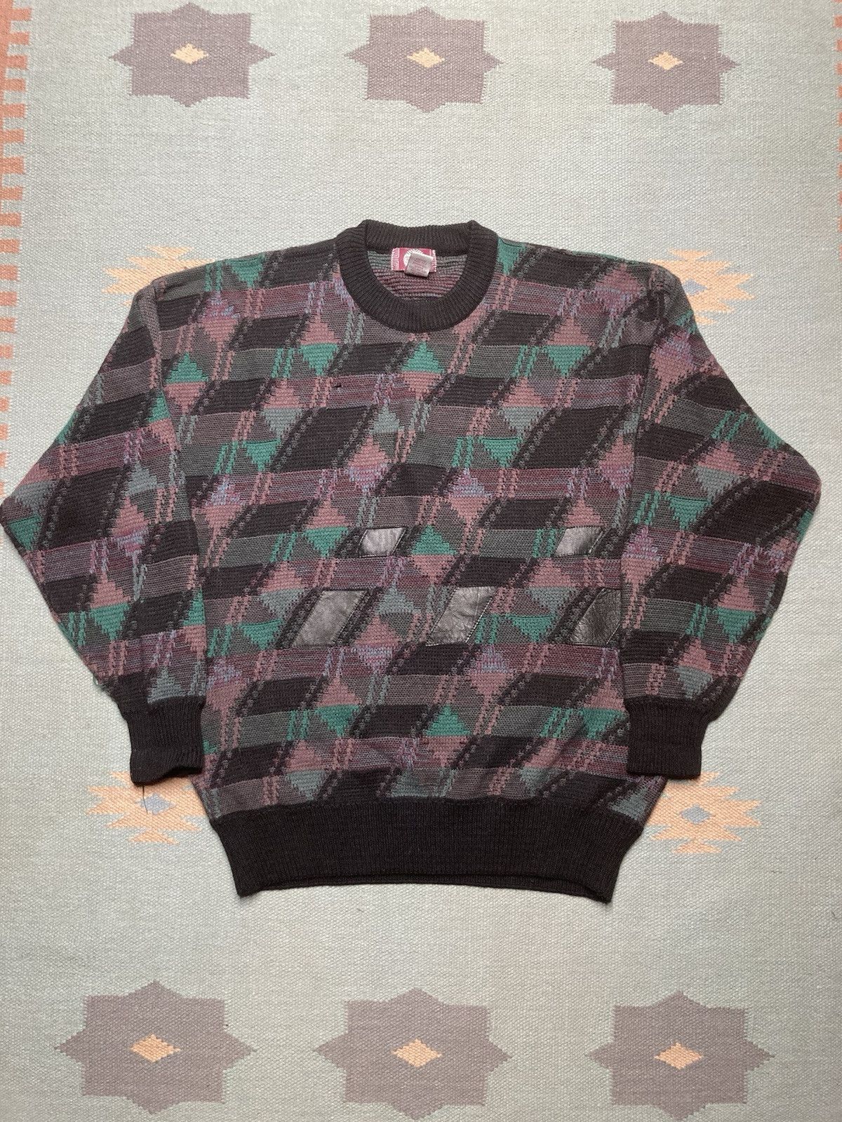 Vintage Vtg knit sweater acrylic wool geometric abstract leather XL Size US XL / EU 56 / 4 - 1 Thumbnail