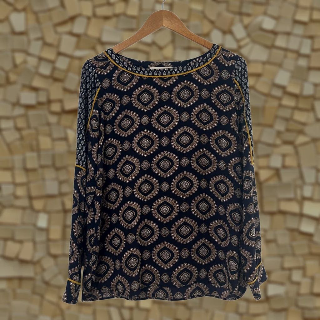 Loft LOFT Womens Navy Blue Medallion Print Long Sleeve Blouse Mustard Size Small Size S / US 4 / IT 40 - 1 Thumbnail