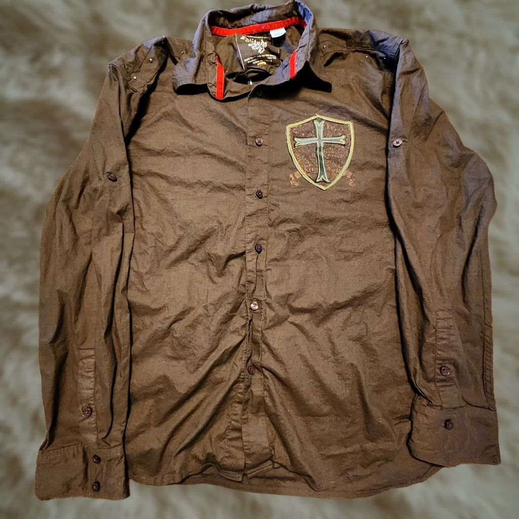 Vintage VINTAGE Altitude Shirt Mens 2XL Brown Long Sleeve Cotton Embroidered Gothic Y2K Metal Size US XXL / EU 58 / 5 - 1 Thumbnail