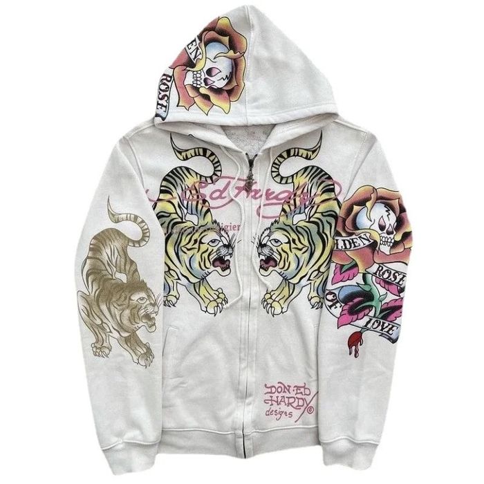 Vintage Ed hardy multilogo roses dragon zip hoodie central logo | Grailed