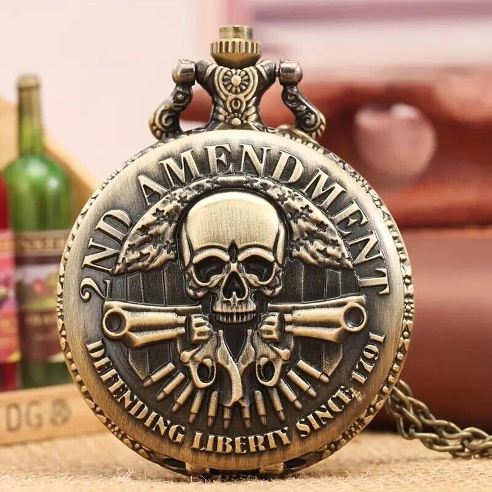 Other Pocket Watch & Chain 2nd Amendment Bronze Skull Pistols Guns Size ONE SIZE - 2 Thumbnail