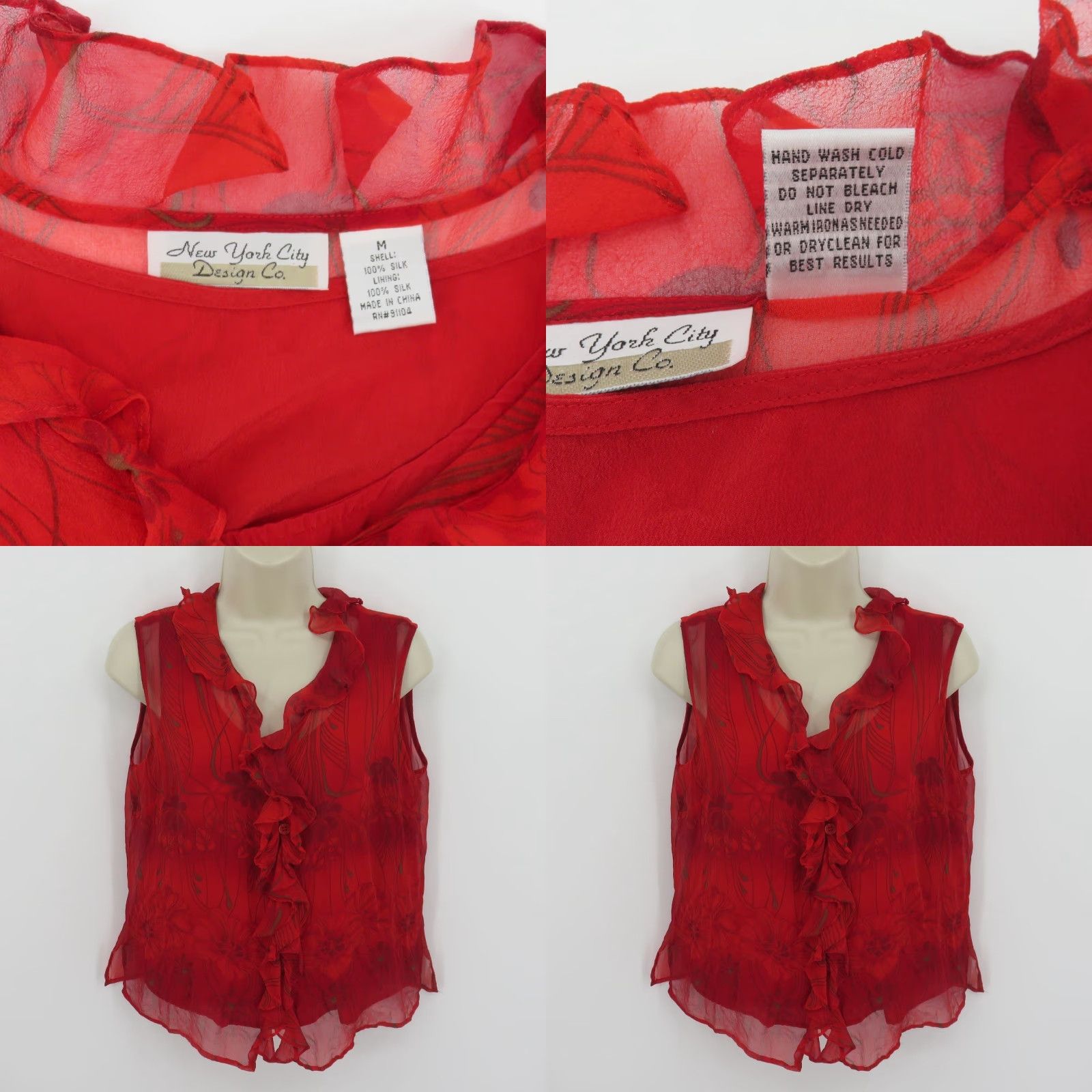 CO VINTAGE New York City Design Co Blouse Shirt Women M Silk Red Ruffle Sleeveless V-Neck Top Size M / US 6-8 / IT 42-44 - 8 Thumbnail