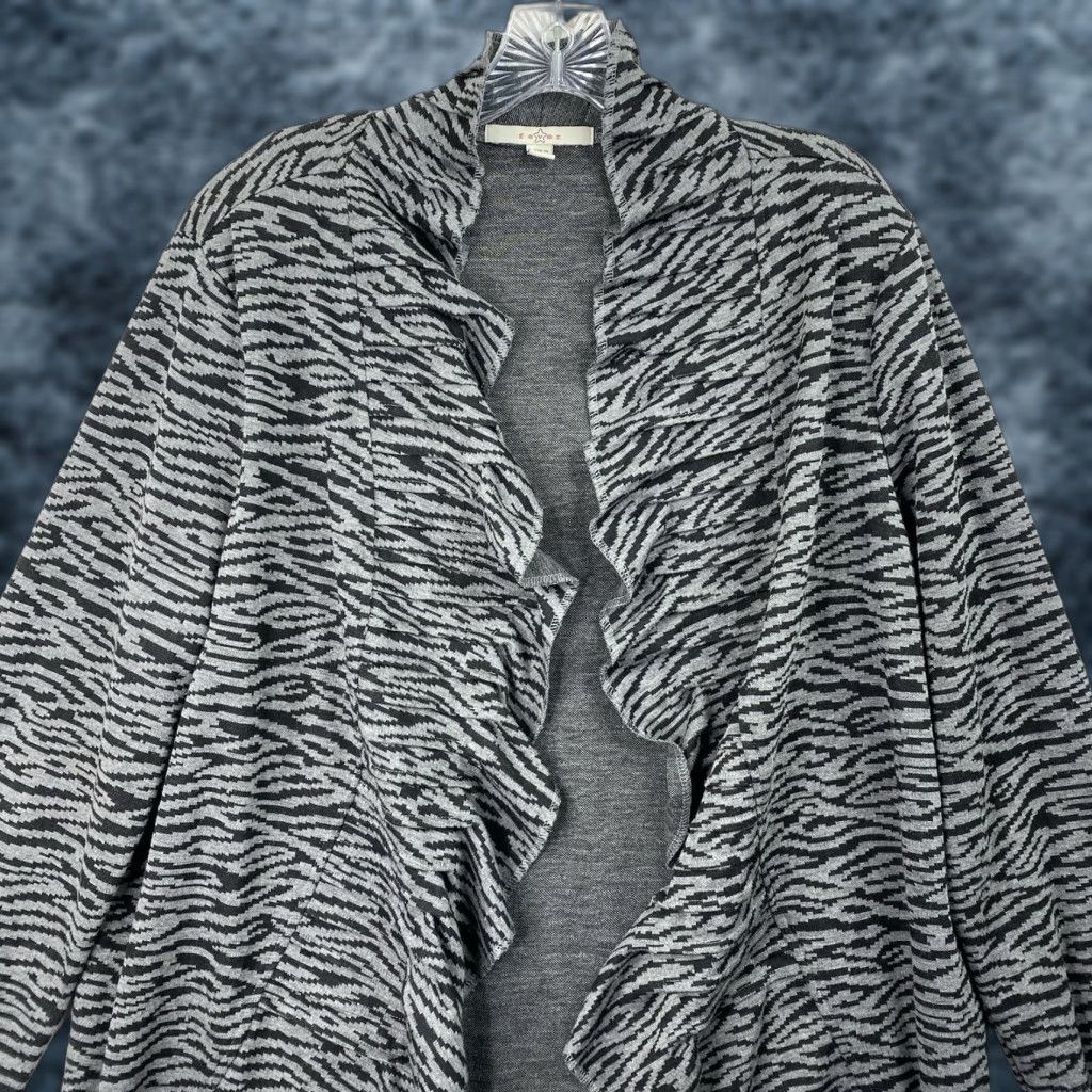 Vintage Fever Cardigan Sweater Womens 2X Open Front Gray Black Animal Print Ruffle Y2K Autumn Winter Size XXL / US 16-18 / IT 52-54 - 1 Thumbnail