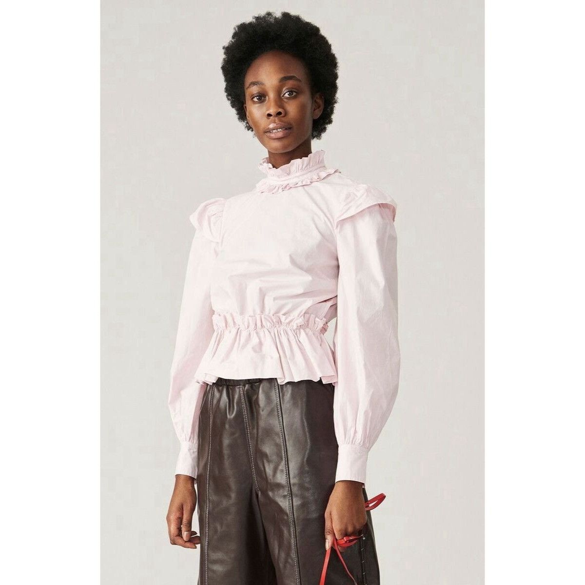 Ganni Ganni Women’s Top Pink Cotton Poplin Blouse Ruffled Cropped Size S / US 4 / IT 40 - 3 Thumbnail