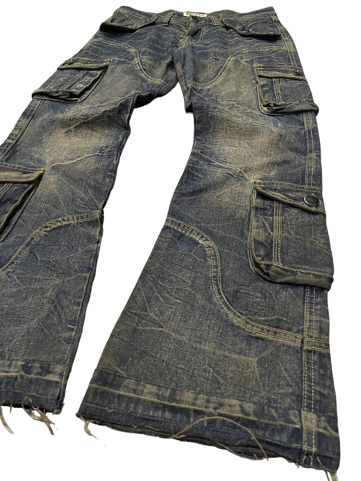 If Six Was Nine × LOWBOX × Le Grande Bleu (L.G.B.) Lowbox Japan Asymmetrical Mud Wash Flared Frayed Cargo Jeans Size US 30 / EU 46 - 5 Thumbnail