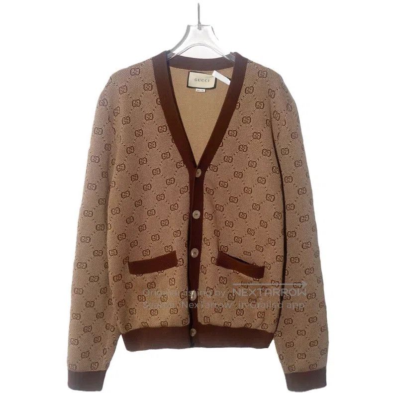 Gucci Gucci Brown logo jacquard full-printed wool V-neck single- Size M / US 6-8 / IT 42-44 - 1 Thumbnail