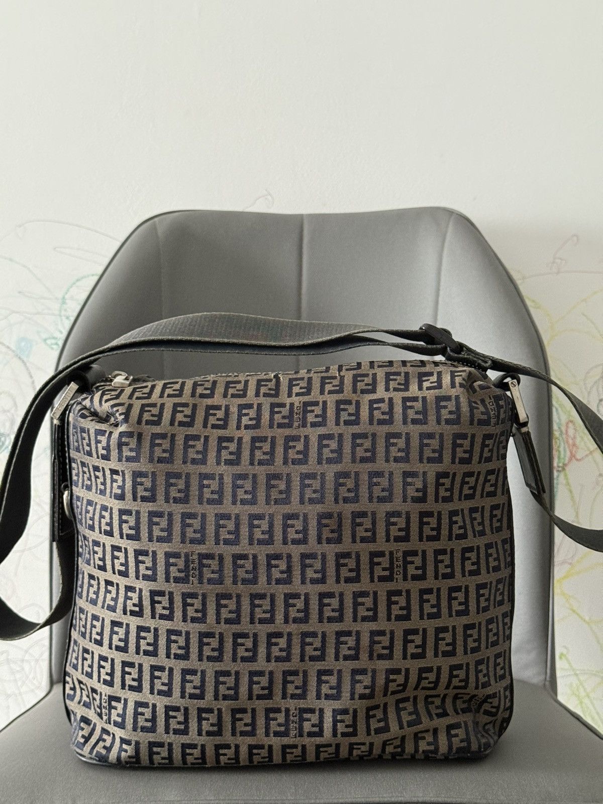 Fendi Gray Blue Medium Monogram Crossbody Sling Bag in Grey, Men's