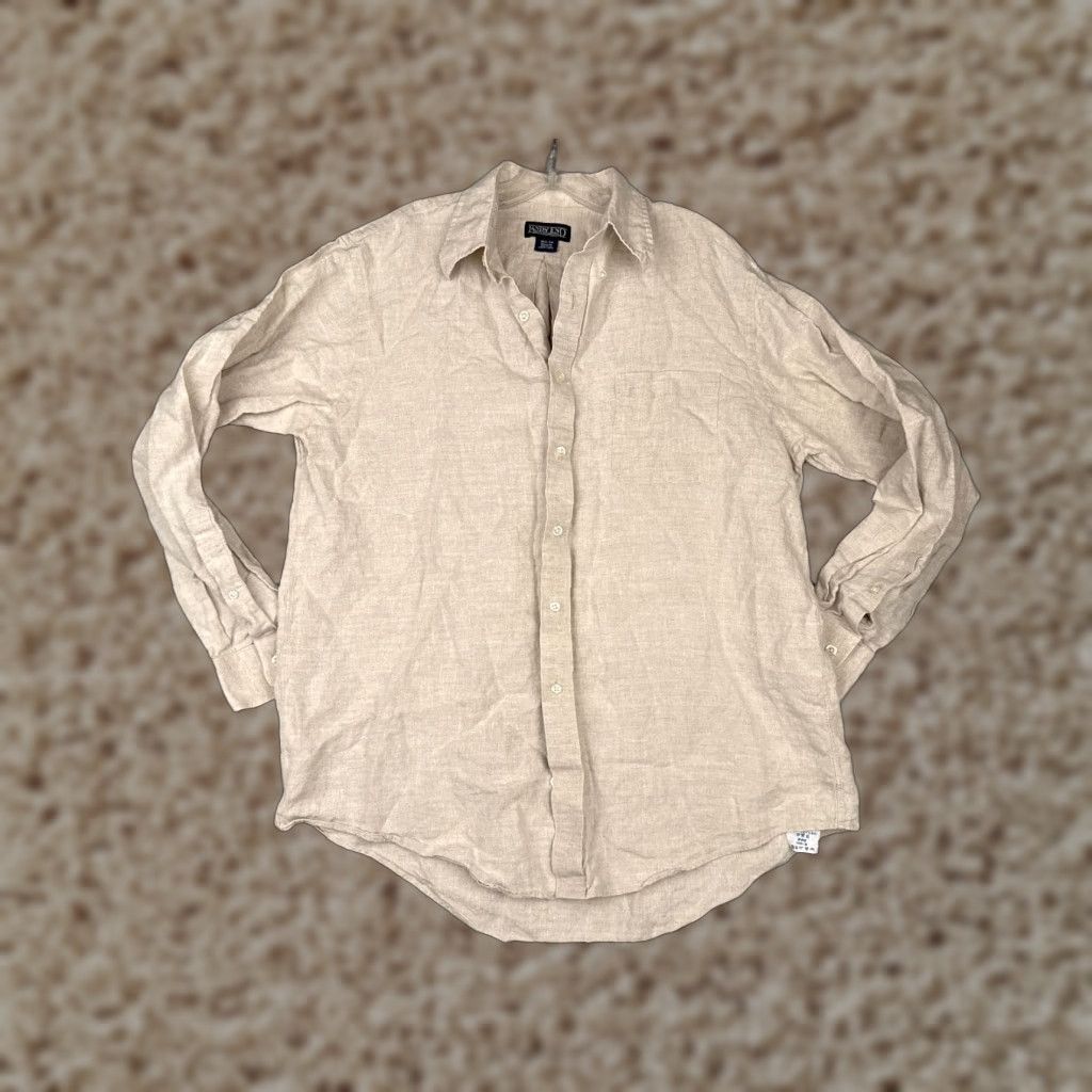 Lands' End Lands' End Mens Button-Up Shirt Beige Cotton Long Sleeve with Pockets 16.5-34 Size Regular Slimming Pocketed Casual Workwear Size US XL / EU 56 / 4 - 1 Thumbnail