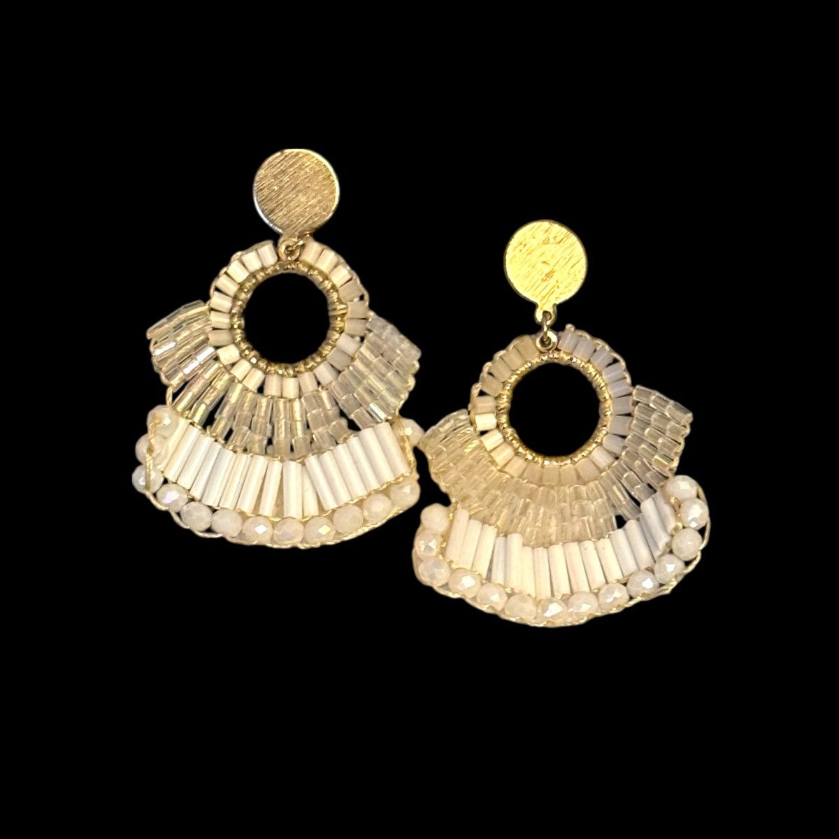 Other Gold tone white beaded fan dangle earrings Size ONE SIZE - 1 Thumbnail