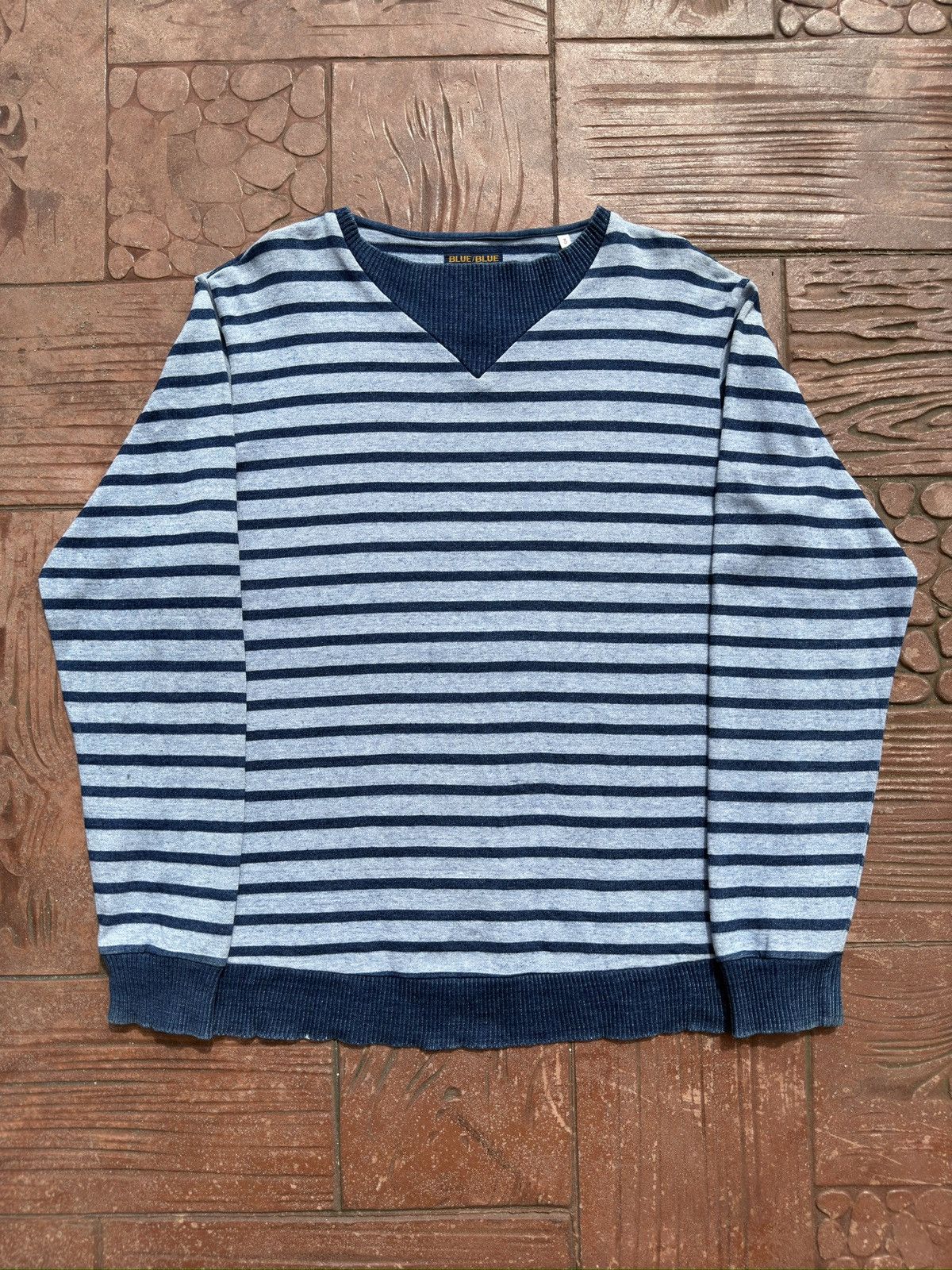 45rpm BLUE BLUE JAPAN Big V-Neck Indigo Stripes Jumper Size US L / EU 52-54 / 3 - 2 Thumbnail