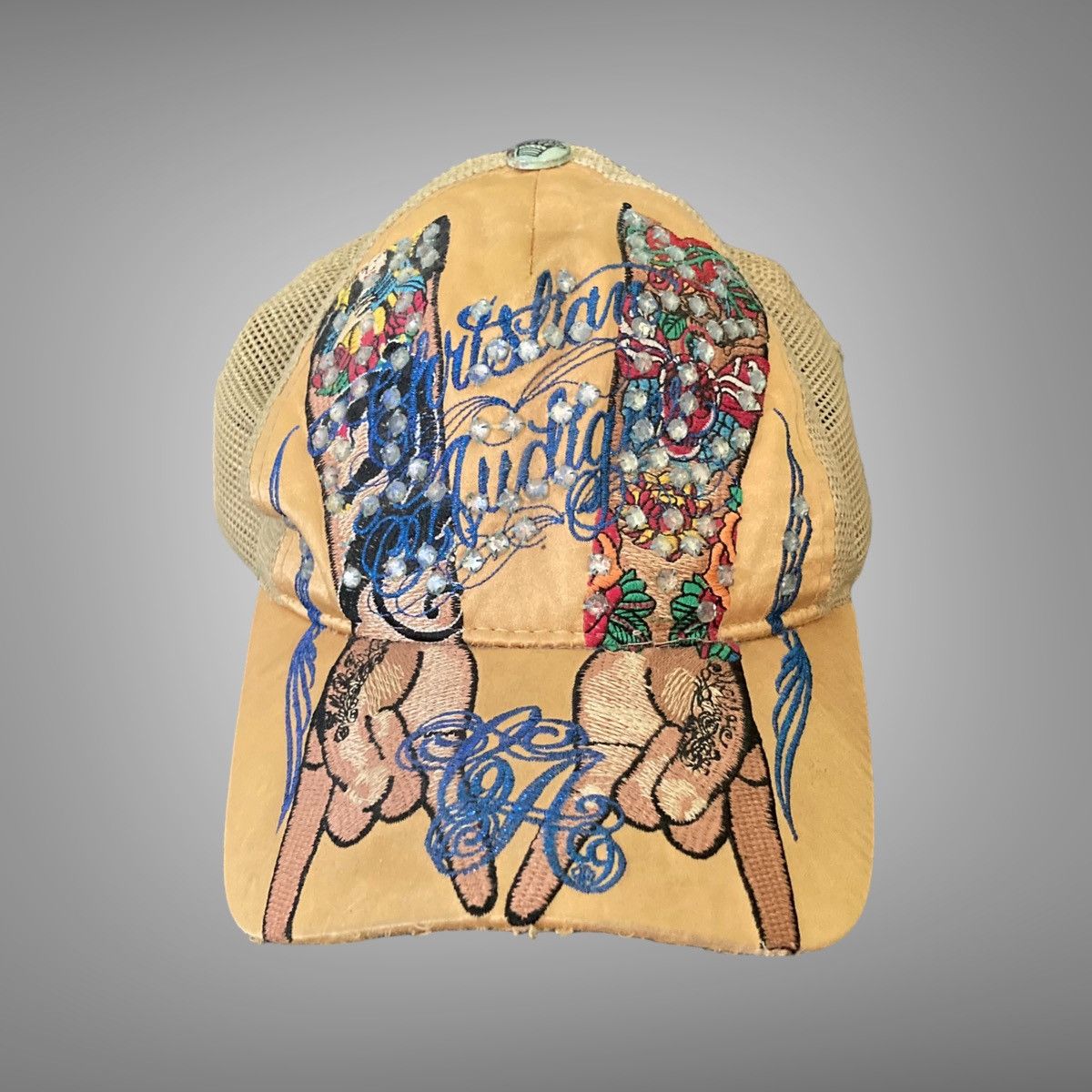 image of Vintage Christian Audigier Metal Hand Trucker Hat in Gold, Men's