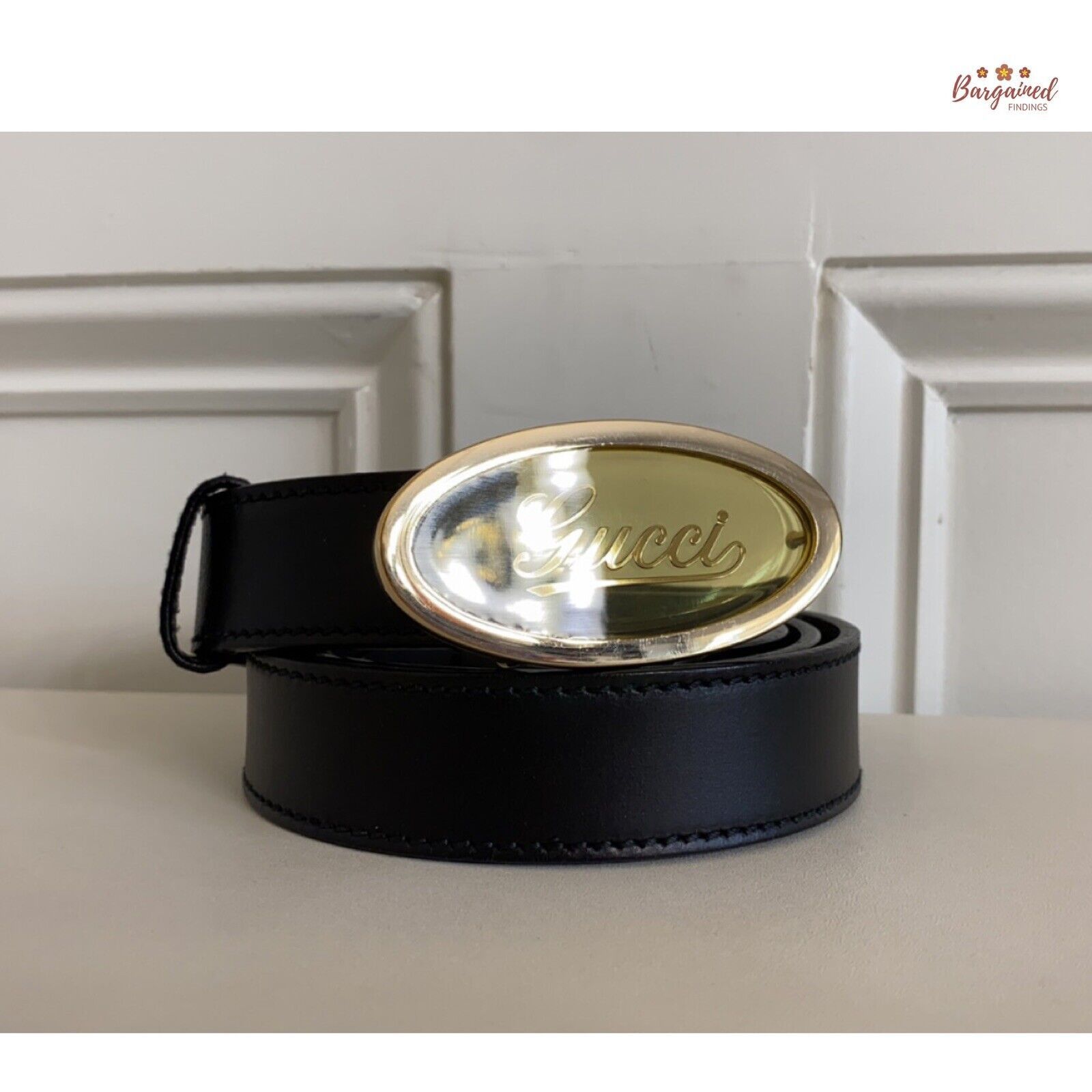 Gucci GUCCI Black Calfskin Leather Gold Script Oval Buckle Belt Size 32 - 1 Thumbnail