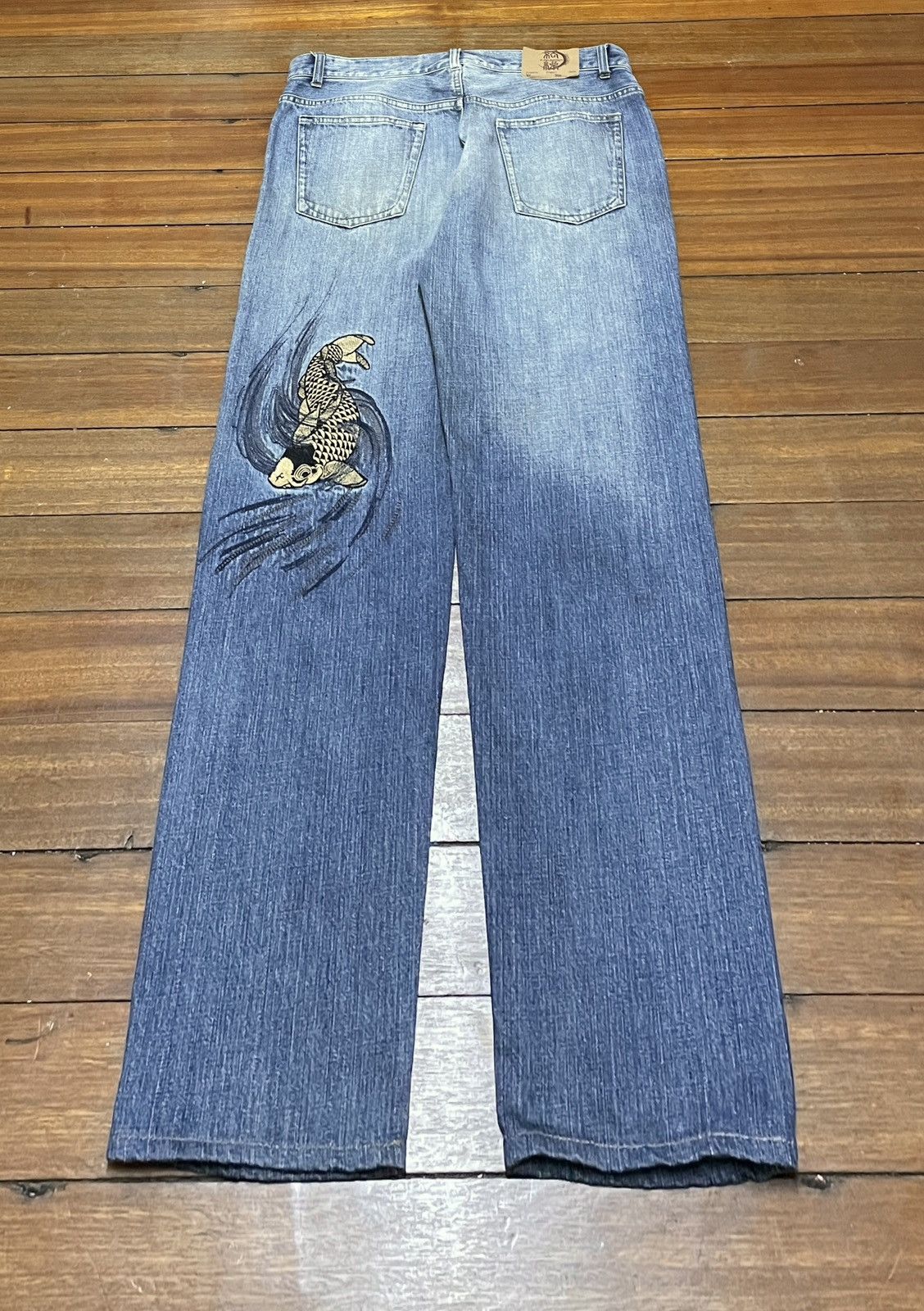 Japanese Brand × Vintage Very Rare Vintage Karakuri Koi Fish Sukajan Jeans 1990s Size US 38 / EU 54 - 2 Thumbnail