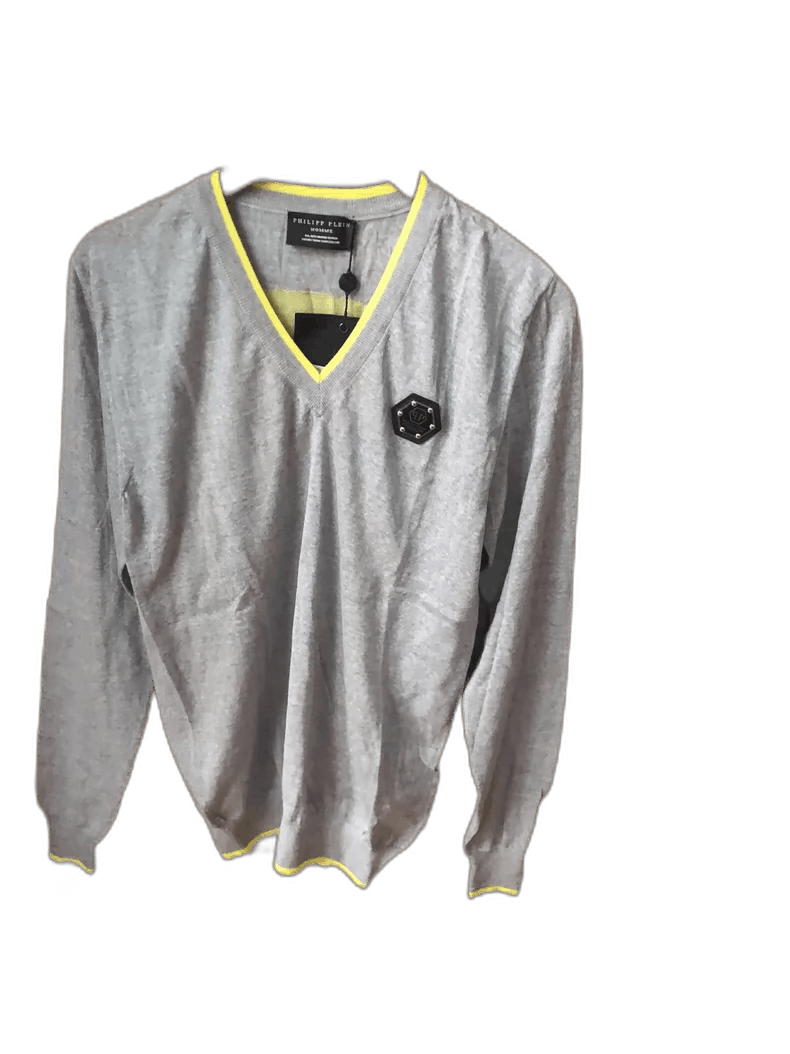 Philipp Plein Grey V-Neck Sweater with Yellow Trim Size US M / EU 48-50 / 2 - 1 Thumbnail