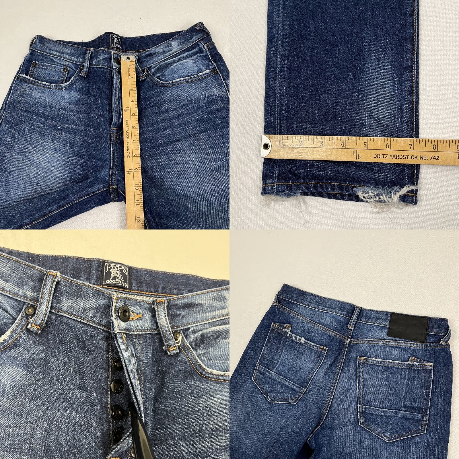 Prps PRPS Jeans Mens 31x32 Demon Fit Dark Blue Distressed Denim Streetwear Button Fly Jeans Mens Blue 31 Slim Hip Hop Branded Belt Loops 5-Pocket Design Size US 31 - 8 Thumbnail