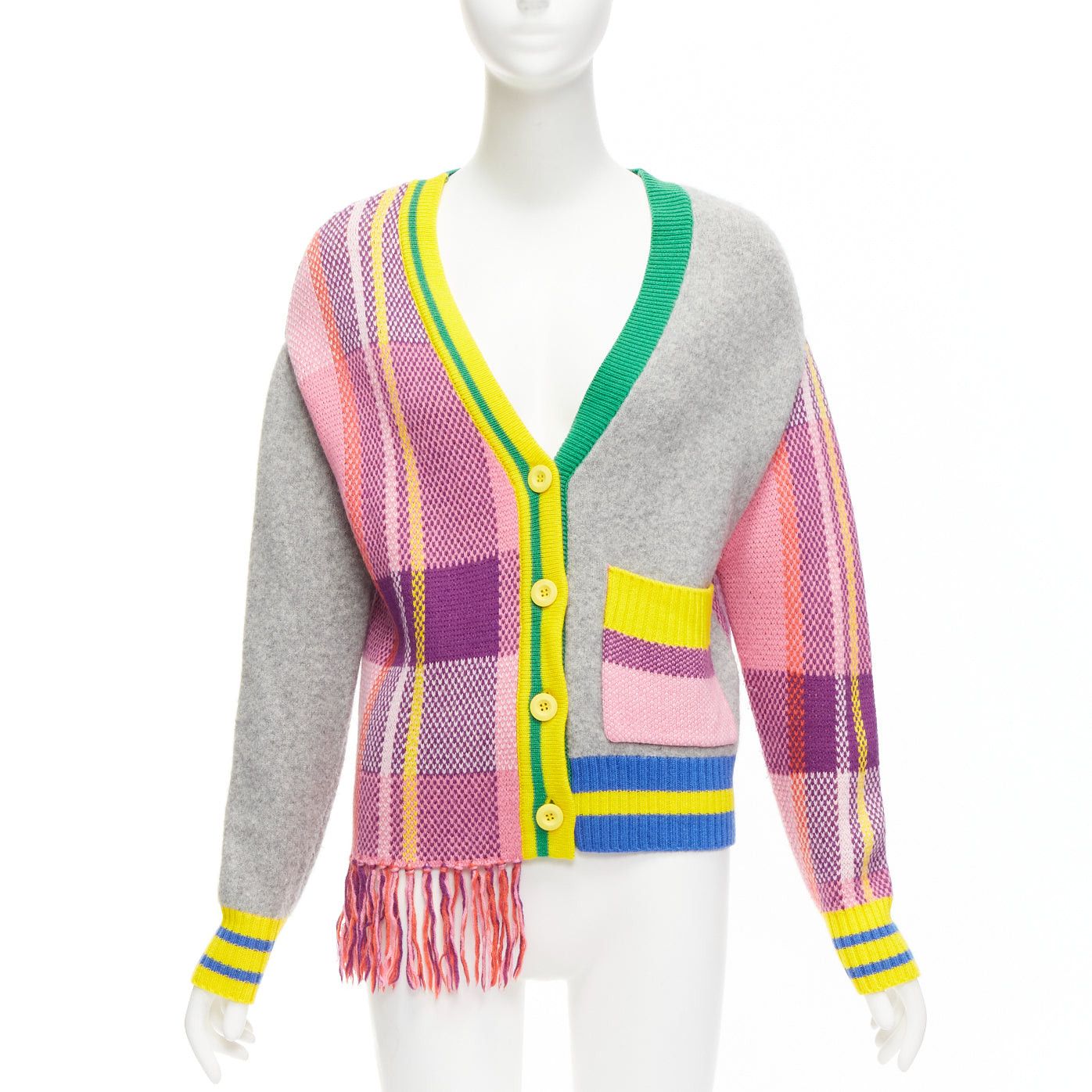 image of Mira Mikati Plaid Combo Mixed Patchwork V Neck Fringe Cardigan Fr36 S, Women's (Size Small)