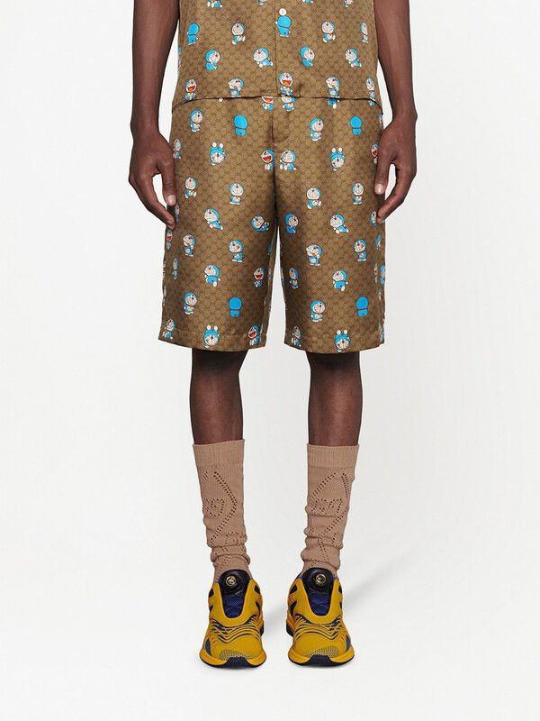 image of Gucci Natural Doraemon X GG Silk Shorts Brown Medium It48, Men's (Size 32)
