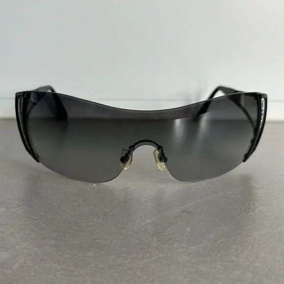 image of Versace 2058-B Black Rhinestone Cutout Shield Sunglasses, Women's