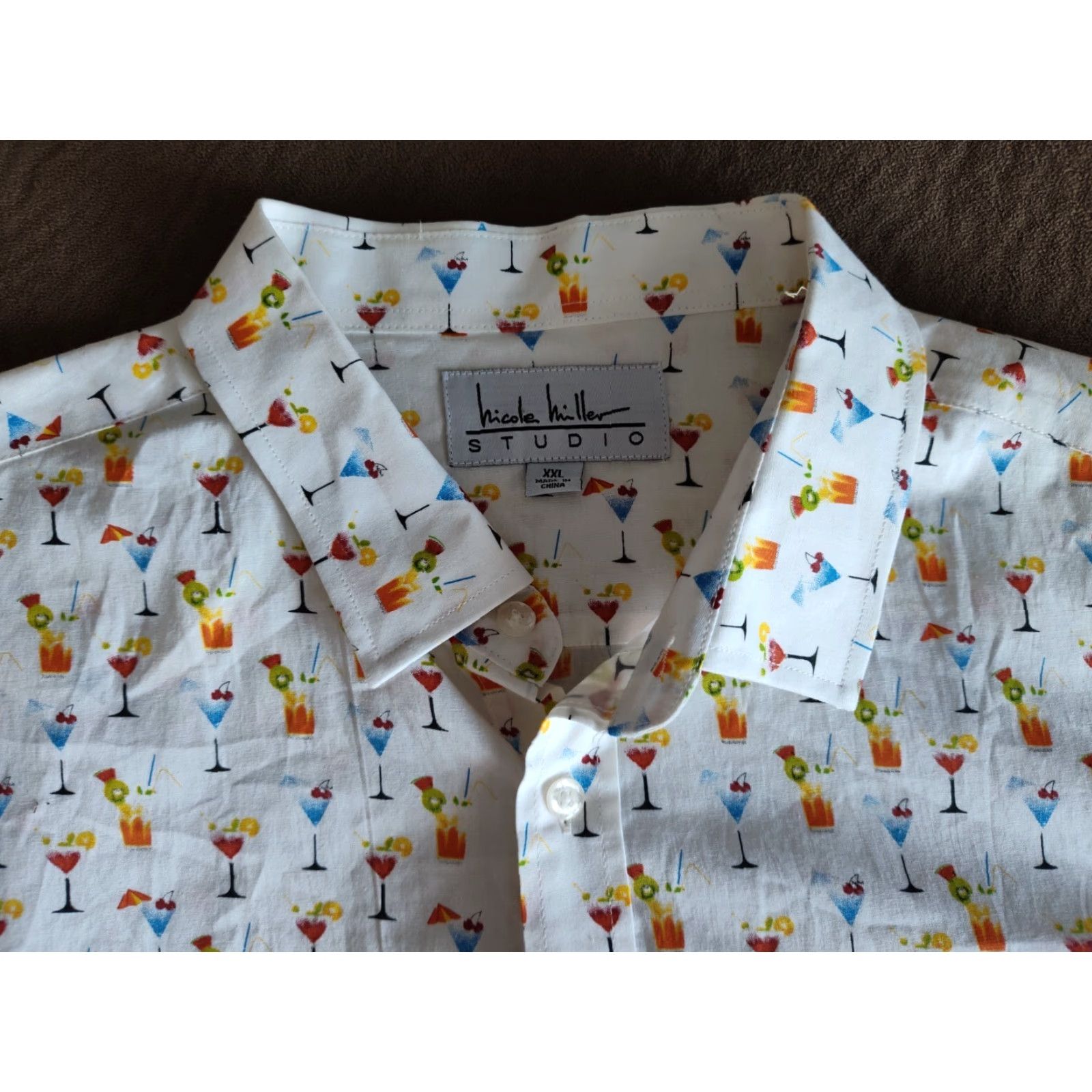 Nicole Miller NICOLE MILLER Studio Button-Up Shirt Mens Short Sleeve Cocktail Print 2XL White Mixed Drinks Size US XXL / EU 58 / 5 - 6 Thumbnail