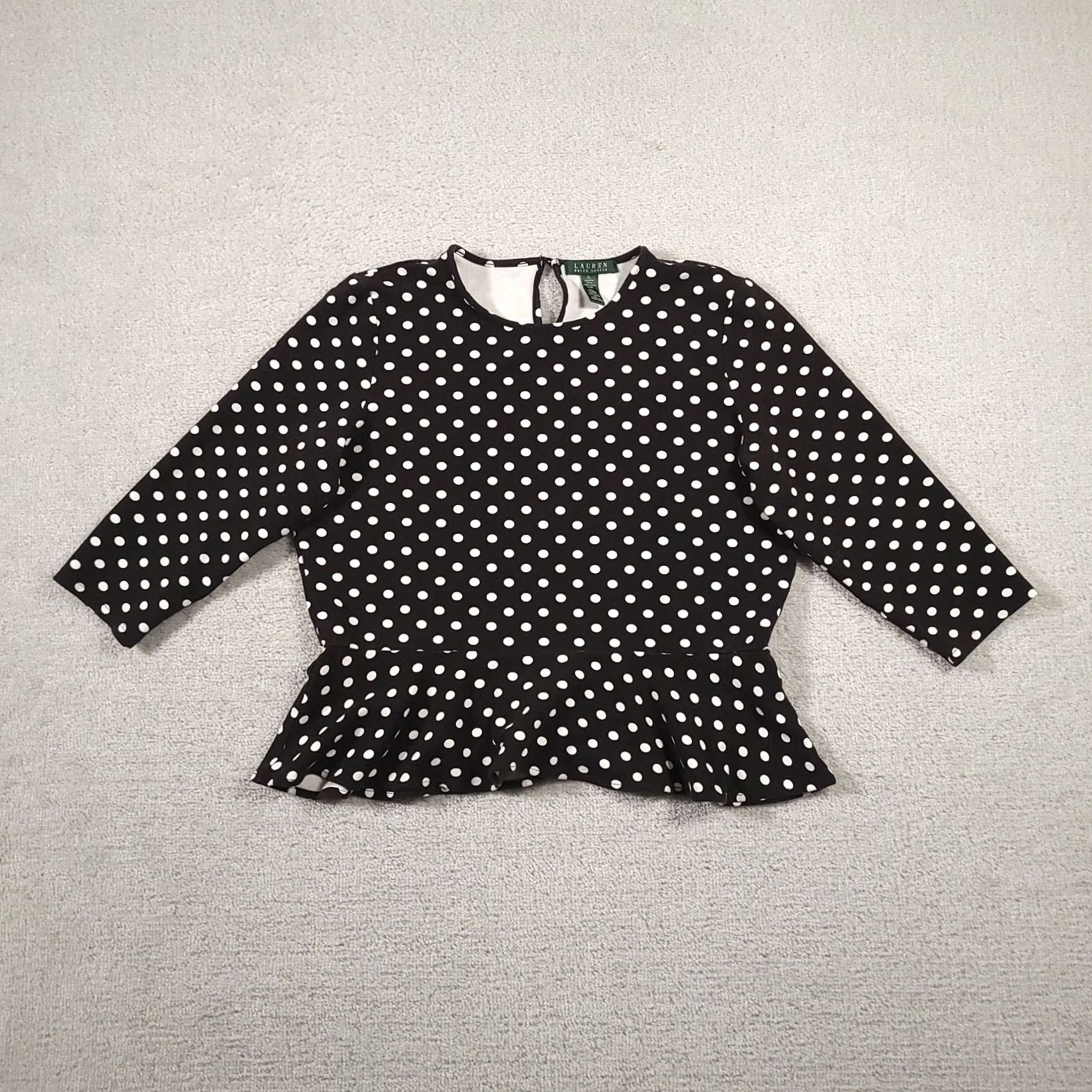 Ralph Lauren Lauren Ralph Lauren Shirt Women's XL Black Polka Dot Crew Neck Stretch Regular Fit, 3/4 Sleeve, Blouse Size XL / US 12-14 / IT 48-50 - 2 Thumbnail