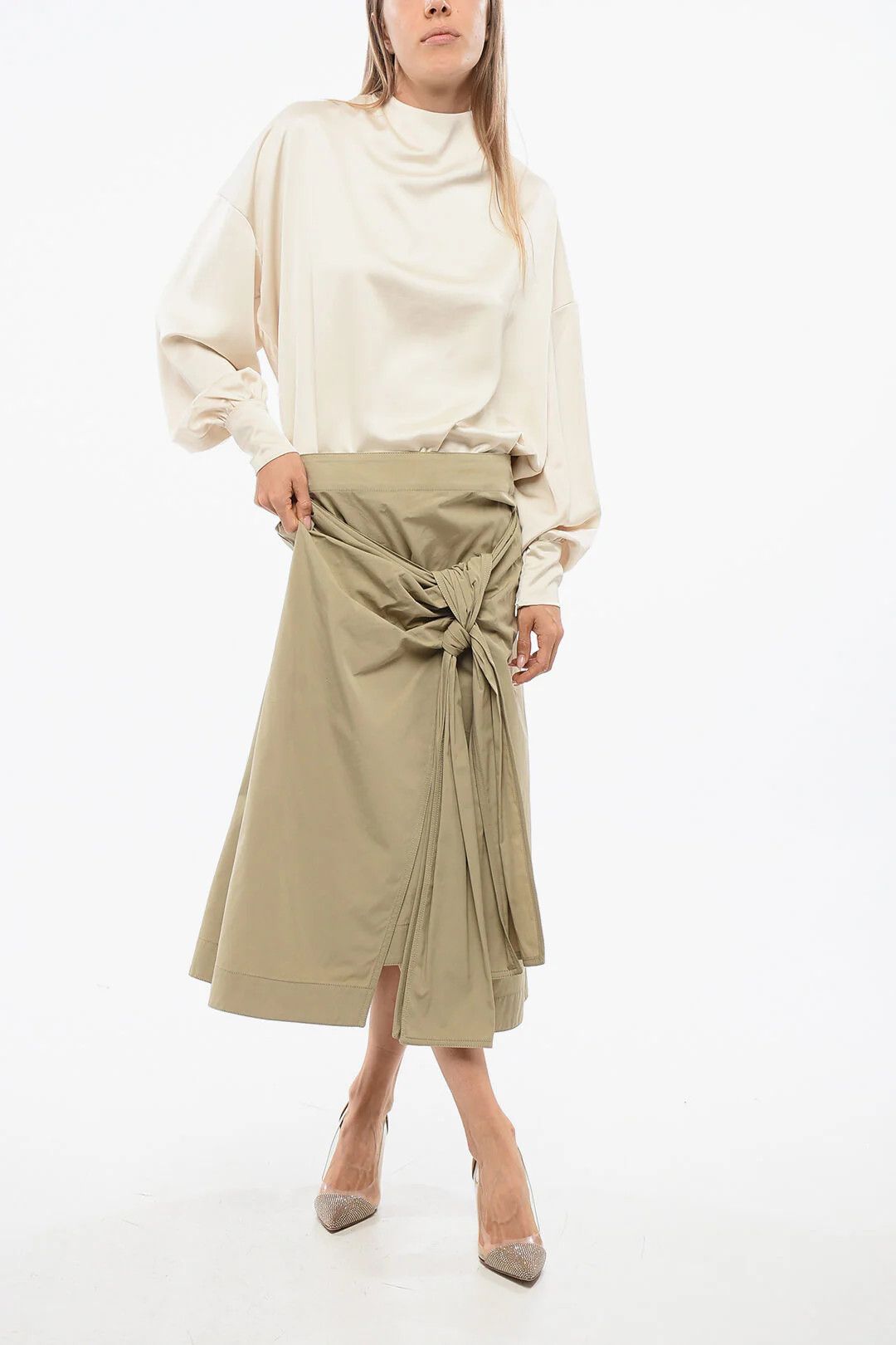 Bottega Veneta og1mm0426 Poplin Midi Skirt in Beige Size 25" / US 0 / IT 36 - 4 Thumbnail