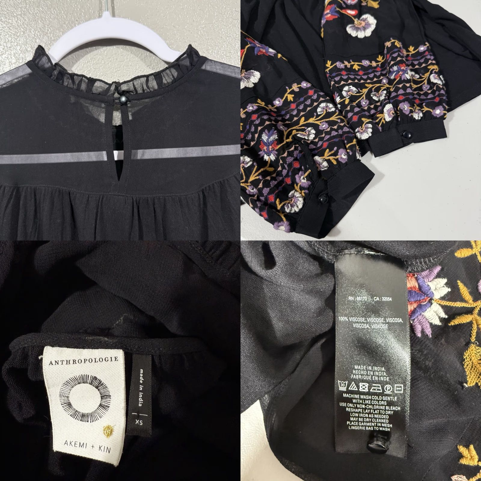 Anthropologie ANtHROPOLOGIE Akemi + Kin Louise Embroidered Floral Black Sheer Top XS Womens Blouse Size XS Embroidered Beaded Viscose Floral 90s? Size XS / US 0-2 / IT 36-38 - 8 Thumbnail
